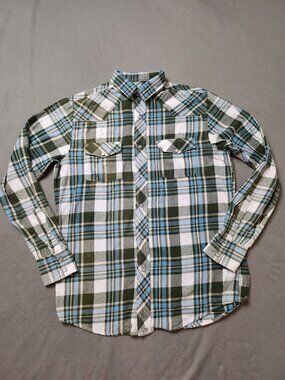 WindRiver Men's S Plaid Flannel Western Pearl Snap Shirt Green Blue Cream
